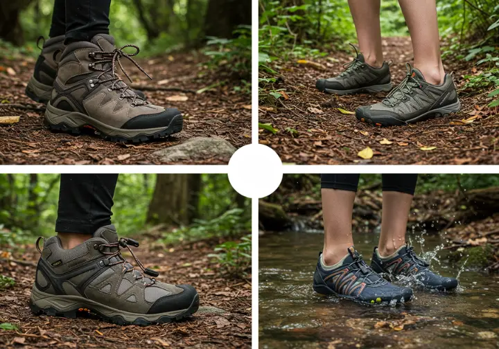 Side-by-side comparison of hiking boots, hiking shoes, and water shoes in different terrains.