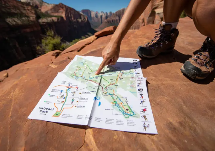A detailed map of Zion National Park hiking trails, color-coded by difficulty, with hiking boots nearby, illustrating the range of options.