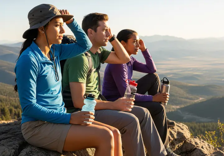 Three hikers with different types of water bottles—collapsible, plastic, and insulated steel—rest at a scenic mountain viewpoint.