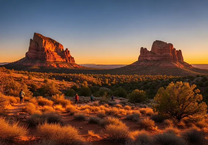 Bell Rock and Courthouse Butte at golden hour, showcasing the ideal time for hiking with warm, dramatic lighting.