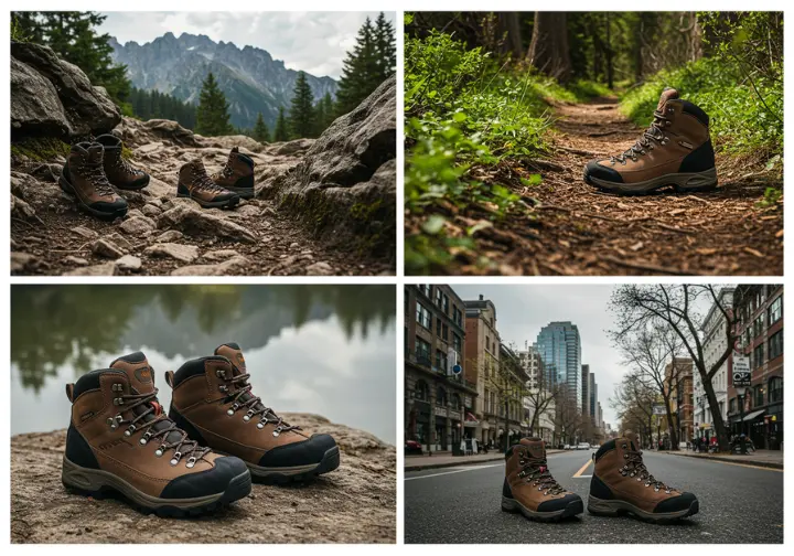 Black, toe, and brown hiking boots that show their versatility and practical benefits.