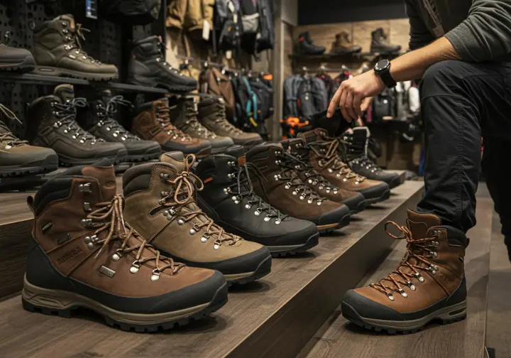 Hiker trying on various leather hiking boots in an outdoor gear store for the perfect fit.