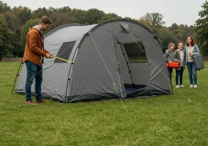 A camper measuring a spacious inflatable tent while a family prepares for camping.