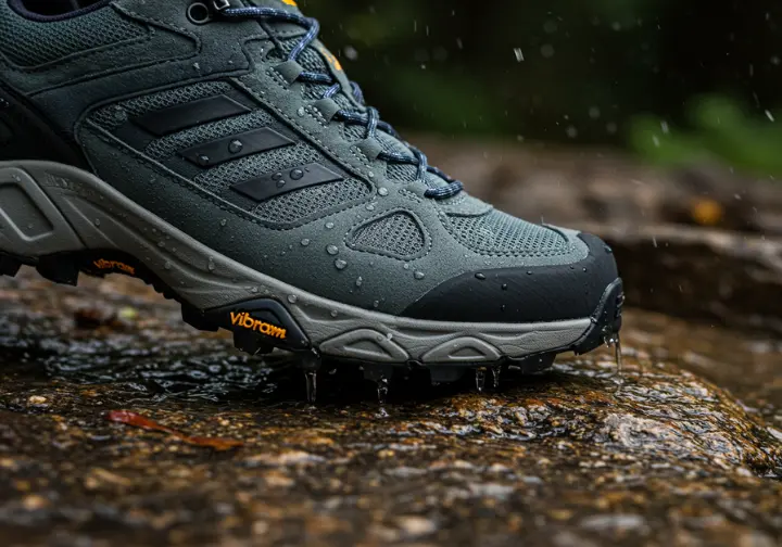 Close-up of hiking shoe features like Vibram outsole, cushioned midsole, and breathable mesh.