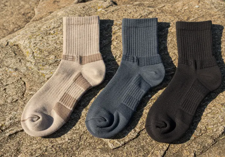 Flat-lay of trekking socks with different cushioning levels and ideal use cases.