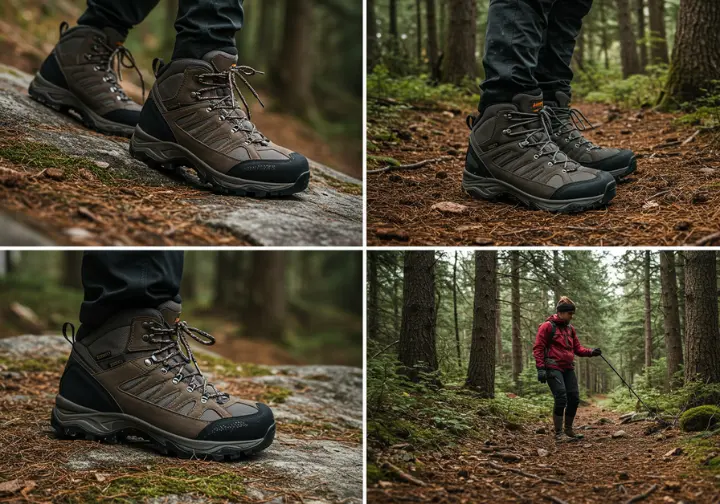 Split image of high-cut, mid-cut, and low-cut womens hiking boots on various terrains.