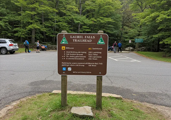 Laurel Falls Trailhead sign with parking lot and hikers in the background.