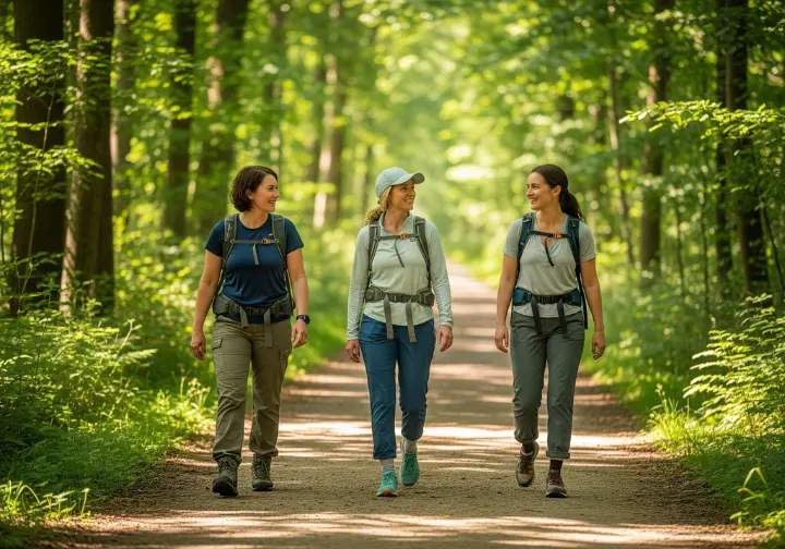A full-body shot of three women with diverse body types hiking on a forest trail, each wearing a different style of hiking pants.