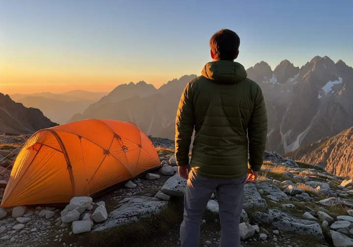 A hiker in a warm jacket stands next to an inflatable tent at a mountain campsite, watching the sunrise over distant peaks.