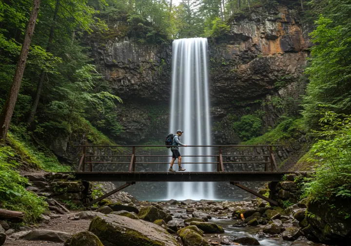 Hiker crossing the bridge at the base of Laurel Falls with the waterfall in the background.