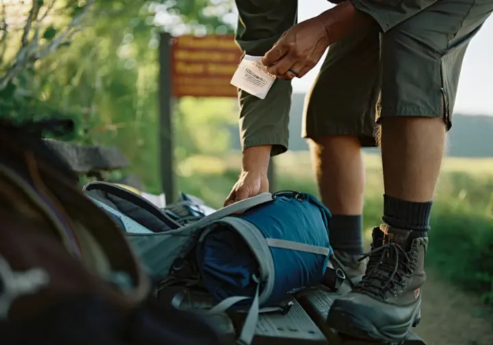A hiker at a trailhead carefully inspects the fabric of a men's hiking shirt before packing it for a hike.