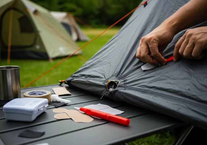 A camper repairing an inflatable tent’s air beam with a repair kit at a campsite.