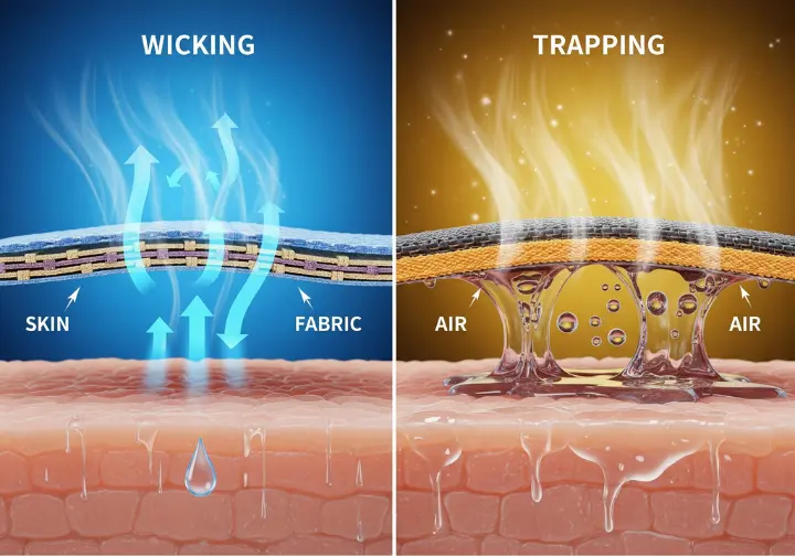 A side-by-side diagram comparing moisture-wicking fabric, which pulls sweat from the skin to evaporate, against a non-breathable fabric that traps sweat.