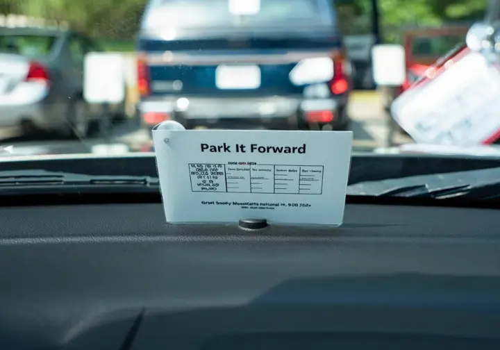 A "Park It Forward" parking tag displayed on a car dashboard at a busy Great Smoky Mountains National Park trailhead, guiding visitors on parking in the Smokies.