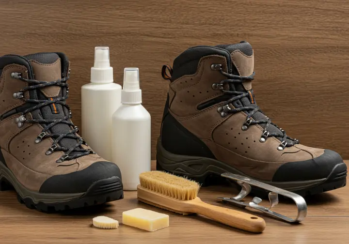 Hiking boot care essentials including cleaning tools and waterproofing spray.