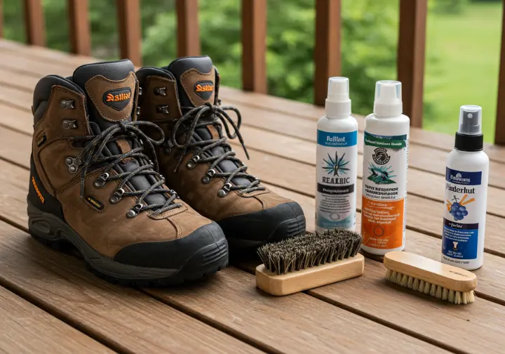 Cleaning and conditioning leather hiking boots to maintain durability and water resistance.