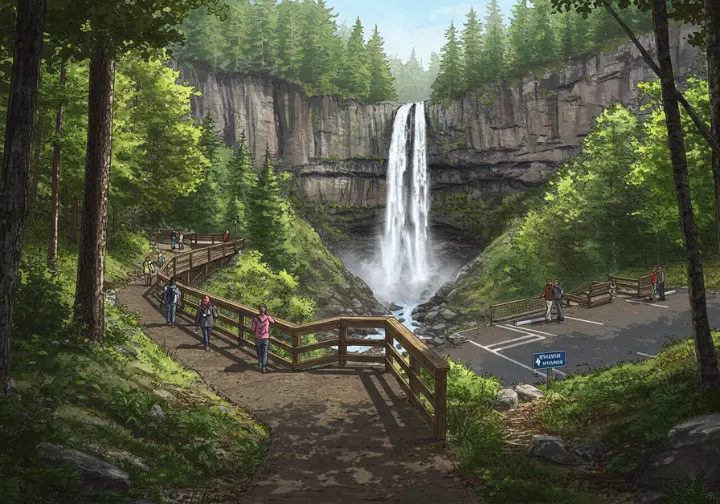 Conceptual illustration of Laurel Falls Trail improvements with new viewing platforms and widened path.