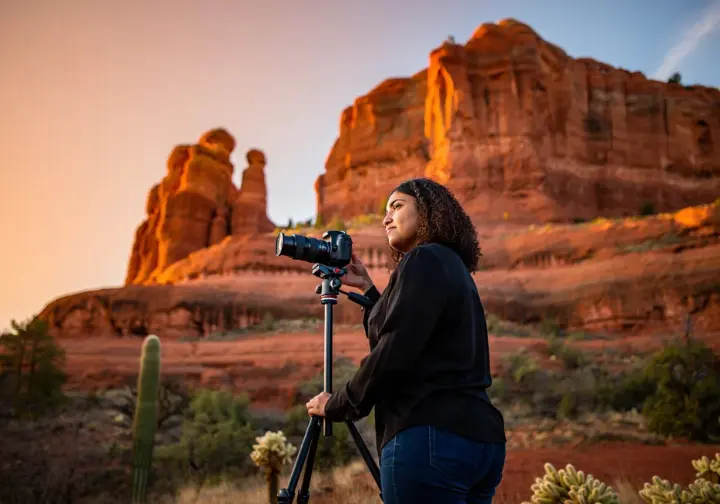 A photographer capturing the sunset over Bell Rock, illustrating a guide for photographing the iconic Sedona landmark.