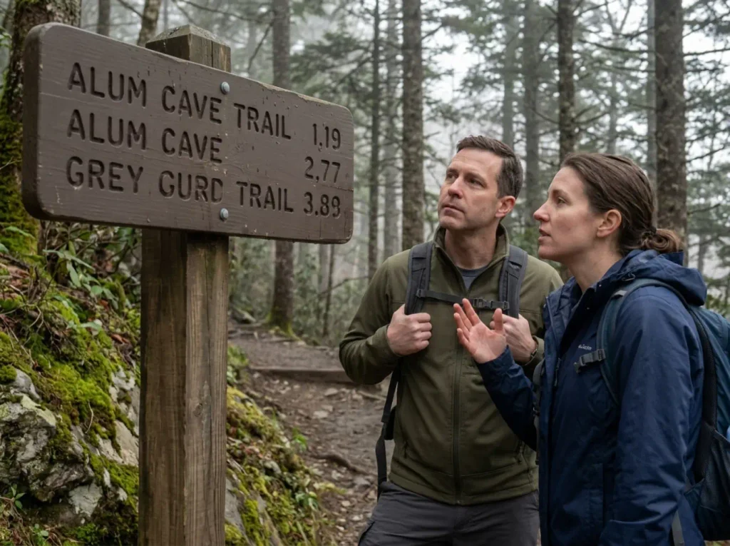 Two hikers reading a trail sign on the Alum Cave Trail in the Great Smoky Mountains