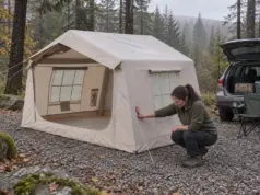 Best Inflatable Tents for Camping and Where They Fall Short Woman checking the air beam of a beige inflatable tent at a wooded car campsite on an overcast morning