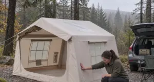 Best Inflatable Tents for Camping and Where They Fall Short Woman checking the air beam of a beige inflatable tent at a wooded car campsite on an overcast morning