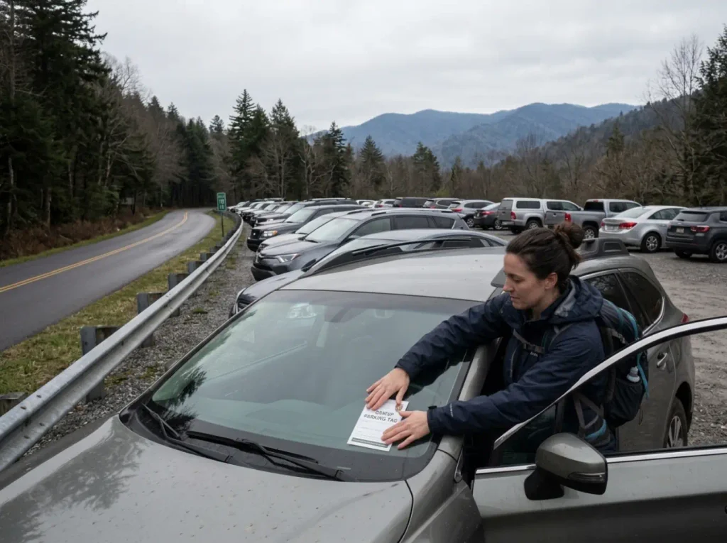 Full trailhead parking lot on Newfound Gap Road near the Alum Cave Bluffs trail