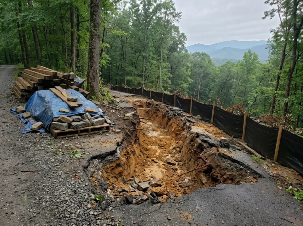 Trail rehabilitation work site with excavated ground and stacked materials in the Great Smoky Mountains
