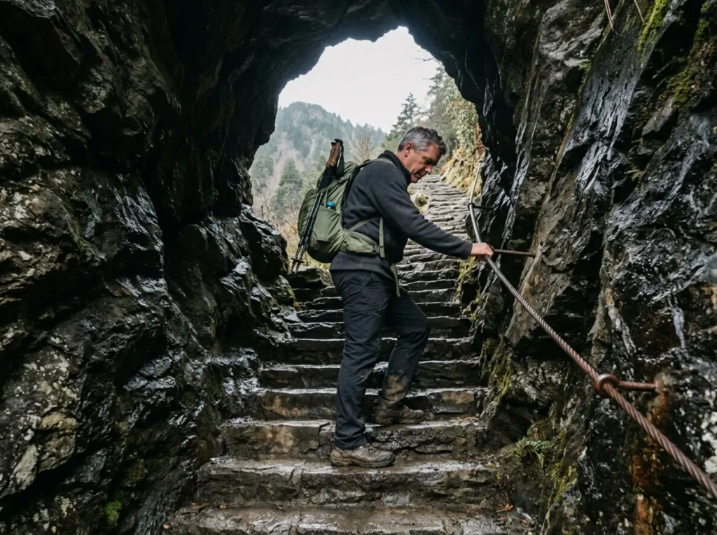 Hiker climbing the stone steps through Arch Rock on the Alum Cave Bluffs trail