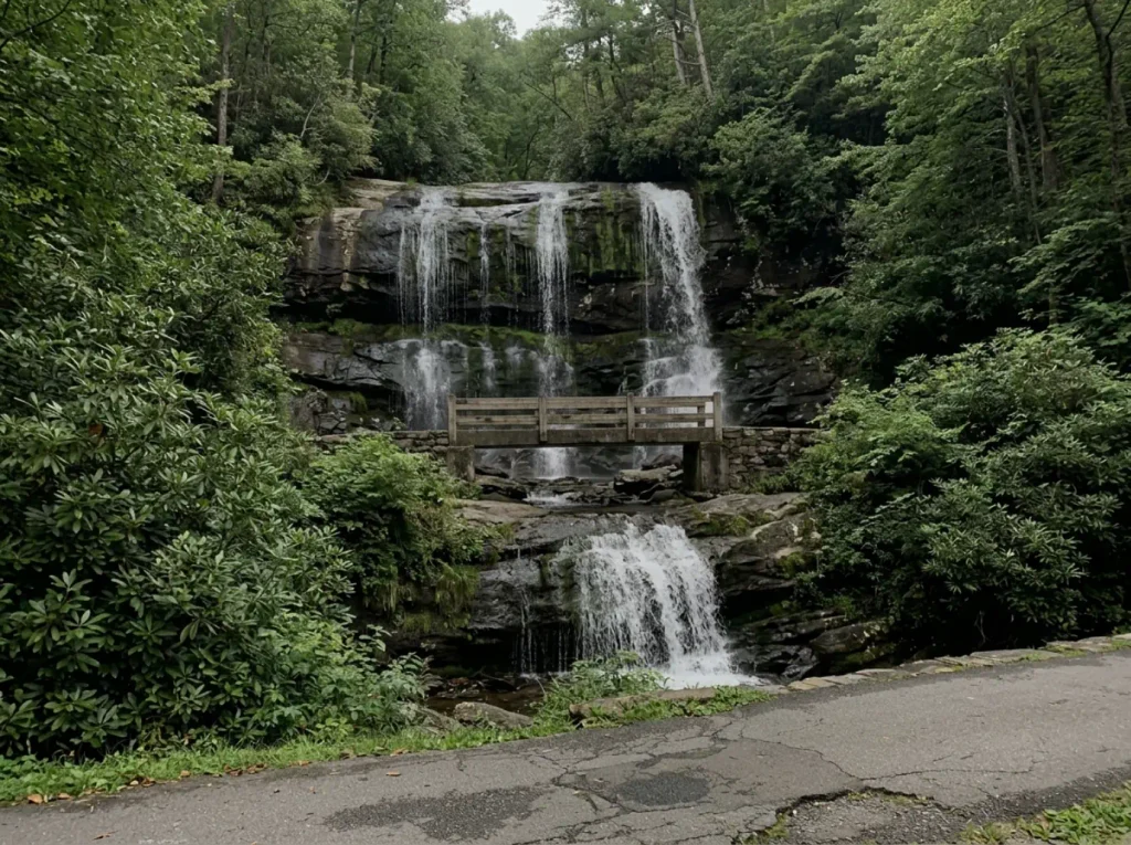 The two-tiered 80-foot Laurel Falls with its footbridge crossing between the upper and lower drops