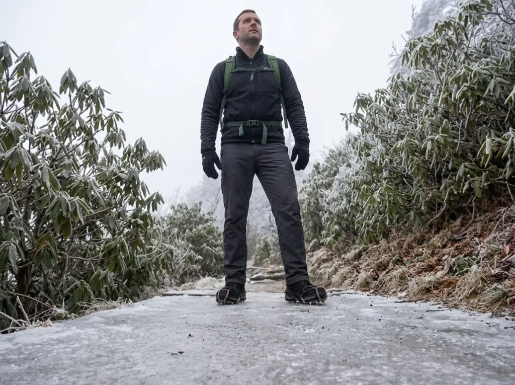 Kahtoola MICROspikes worn on boots on the icy upper Alum Cave Trail in winter