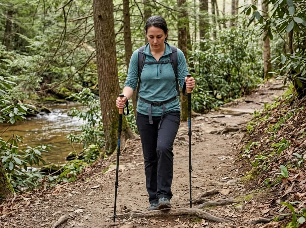 Hiker with carbon trekking poles on the unpaved Little River Trail, a Laurel Falls alternative in the Smokies