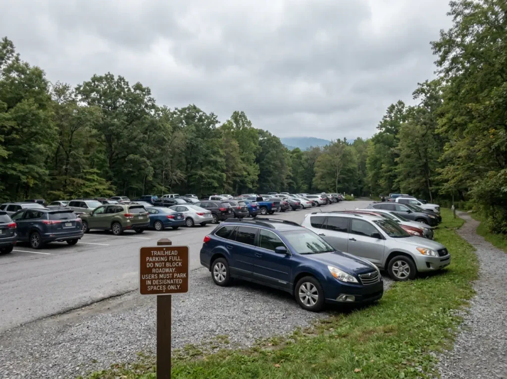 Full trailhead parking lot in Great Smoky Mountains National Park with a parking tag notice at the entrance