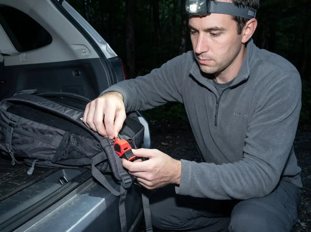 Fox 40 Sonik Blast whistle clipped to a daypack strap before a hike in black bear country