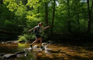 Hiking & Water Shoe Review: Our Performance Scorecard A full-body shot of a hiker wearing water shoes while carefully crossing a shallow, sun-dappled creek in a forest.