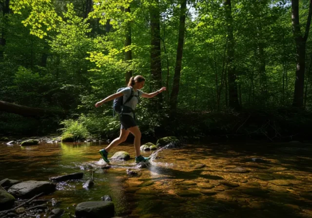 A full-body shot of a hiker wearing water shoes while carefully crossing a shallow, sun-dappled creek in a forest.