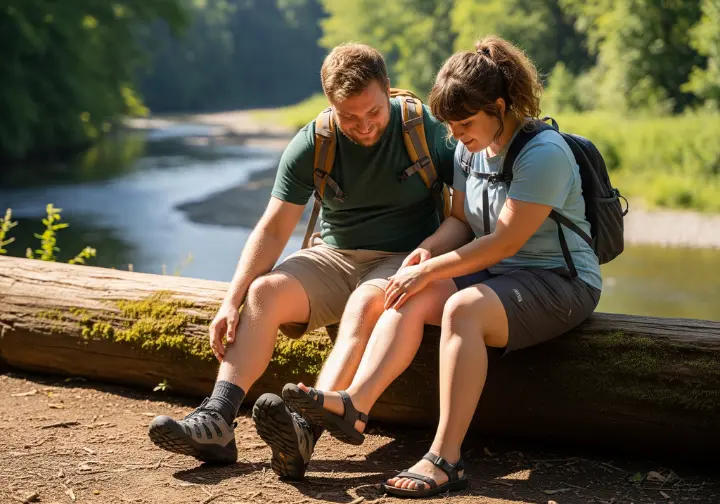 A full-body shot of a male and female hiker sitting on a log, comparing their different styles of amphibious hiking shoes.