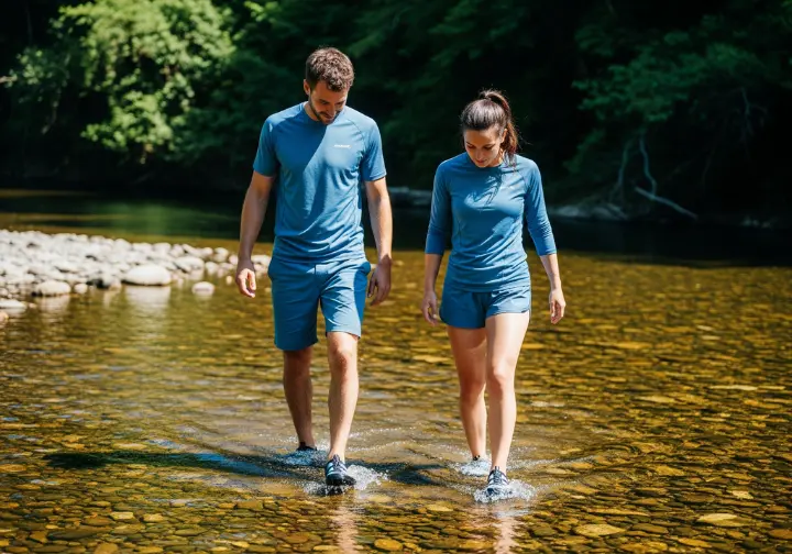 A full-body shot of two gear testers walking through a shallow river, comparing the performance of different water shoes.