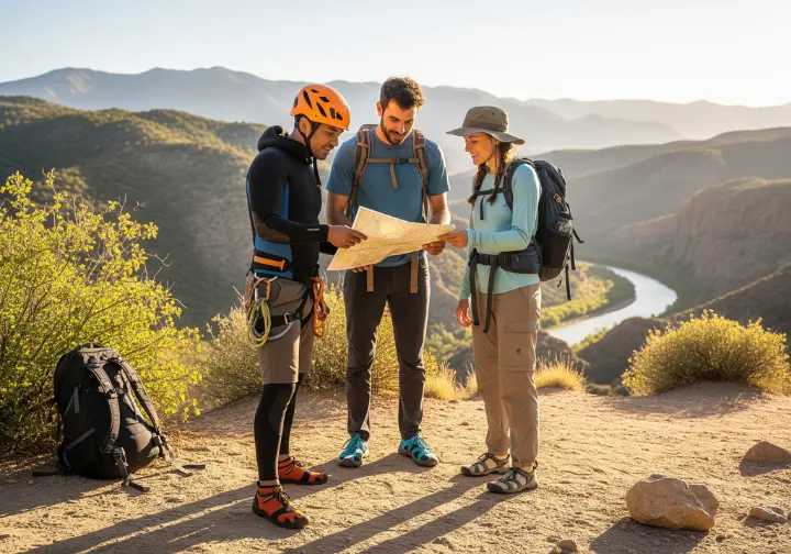 A full-body shot of a diverse group of three hikers in different gear looking at a map at a trail junction, showcasing various types of water shoes.