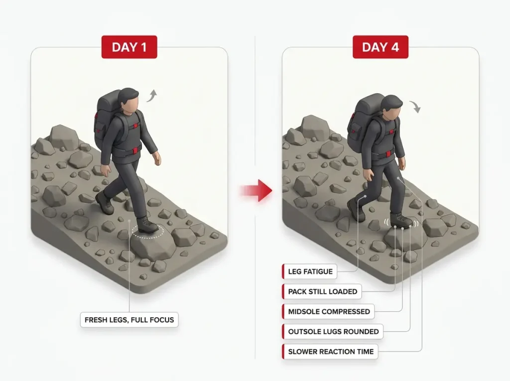 Comparison infographic showing how fatigue, gear wear, and reaction time compound footing risk from day 1 to day 4