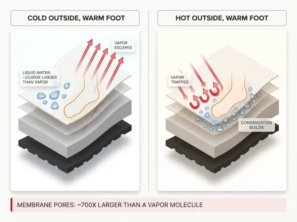 Diagram showing waterproof membrane cross-section in cold vs hot conditions with vapor flow arrows and pore sizes