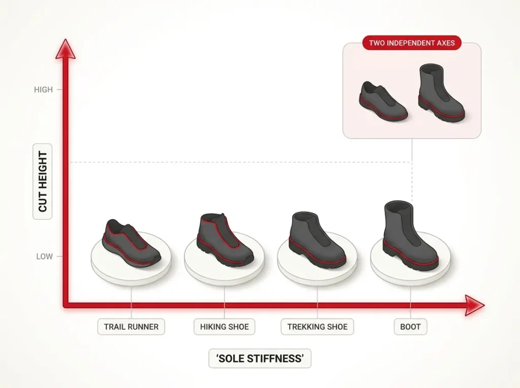 Diagram showing sole stiffness and cut height as two independent axes for trekking vs hiking shoes