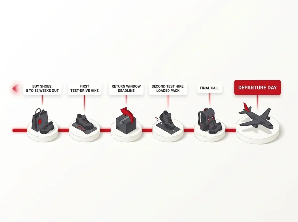 Timeline showing when to buy trekking shoes and test-hike them, counted backward from departure date