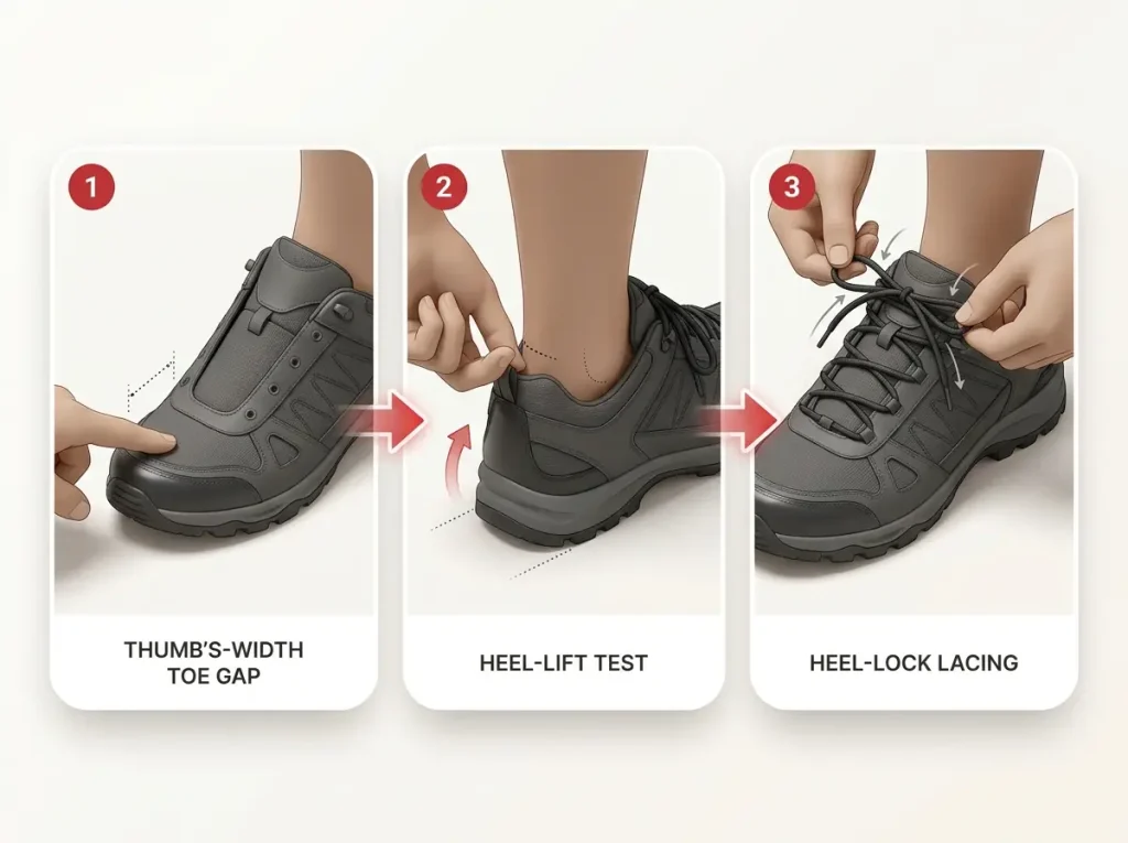 Step-by-step sequence showing thumb's-width toe check, heel-lift test, and heel-lock lacing technique