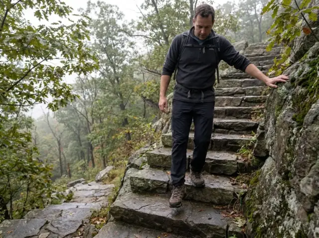 0-bear-mountain-hike-difficulty-stone-steps Hiker descending the stone steps on the Bear Mountain hike in New York on an overcast morning