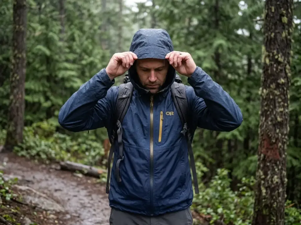 Hiker in an Outdoor Research Helium rain jacket pulling his hood up on a wet trail