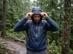 Best Rain Jacket for Hiking That Won’t Wet Out Hiker in an Outdoor Research Helium rain jacket pulling his hood up on a wet trail