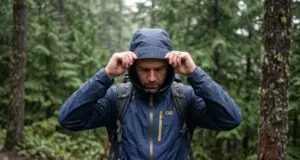 Best Rain Jacket for Hiking That Won’t Wet Out Hiker in an Outdoor Research Helium rain jacket pulling his hood up on a wet trail