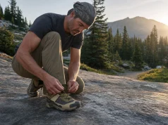 Why Low-Cut Hiking Shoes Beat Boots for Most Hikes Low-cut hiking shoes on a trail rock at dawn, laces being tightened before a hike