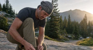 Why Low-Cut Hiking Shoes Beat Boots for Most Hikes Low-cut hiking shoes on a trail rock at dawn, laces being tightened before a hike