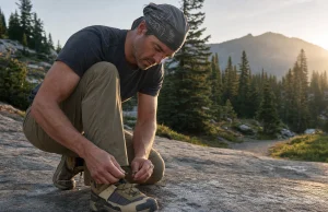 Why Low-Cut Hiking Shoes Beat Boots for Most Hikes Low-cut hiking shoes on a trail rock at dawn, laces being tightened before a hike